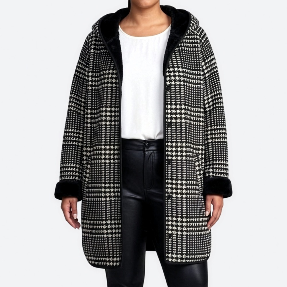 Ike Behar Houndstooth Faux Fur Coat Black Cream 0X L Hooded Winter Chic
